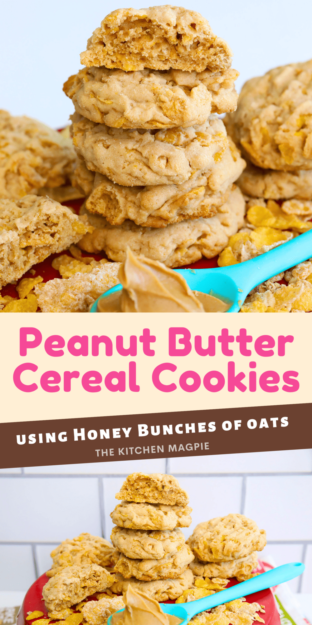 Delicious cereal cookies using Honey Bunches of Oats and peanut butter! These are a a great way of using the last of the cereal left in the box.