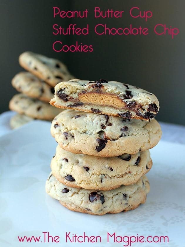 Stack of Peanut Butter Cup Stuffed Chocolate Chip Cookies