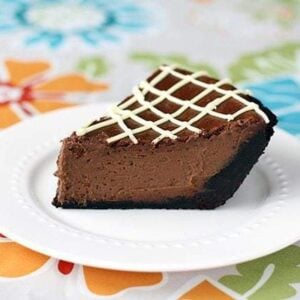 a slice of Chocolate Pumpkin Pie with super-duper thick crust in a white plate