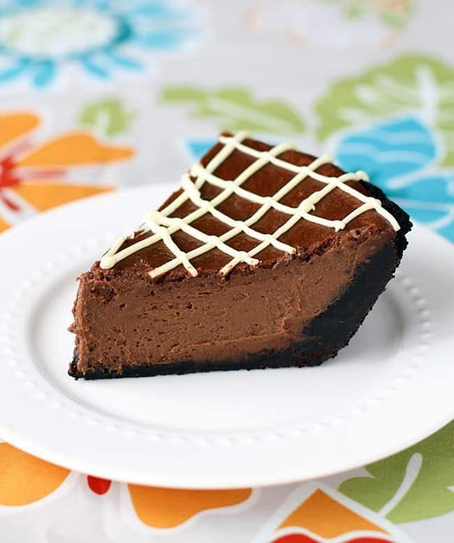 a slice of Chocolate Pumpkin Pie with super-duper thick crust in a white plate