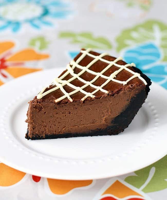 a slice of Chocolate Pumpkin Pie with super-duper thick crust in a white plate