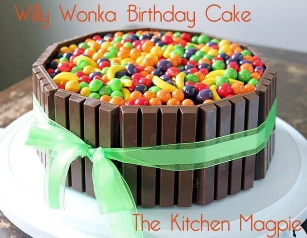 Willy Wonka cake or Kitkat cake topped with colorful candies