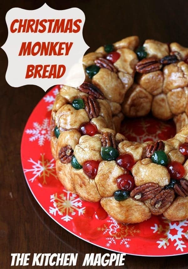 Close up of Whole Christmas Monkey Bread in Red Christmas Plate