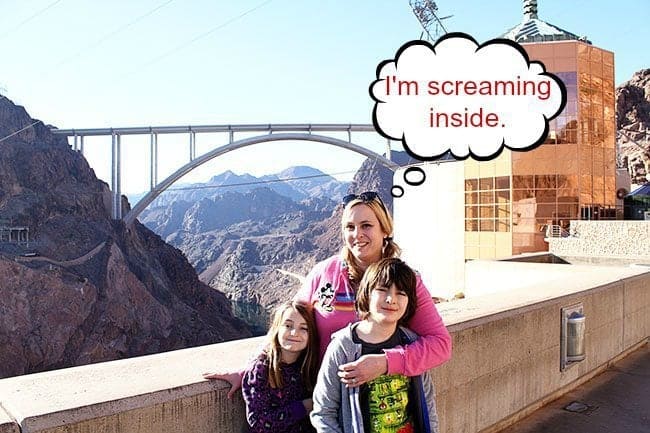 mom and her kids with the Hoover Dam on background
