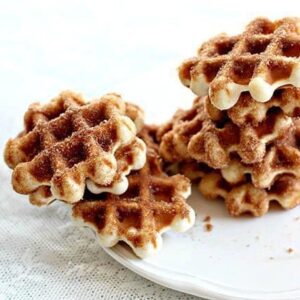 Mini Waffle Donuts topped with combined white sugar and cinnamon