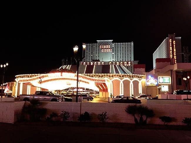 Night view of Circus Circus from the outside with lights on