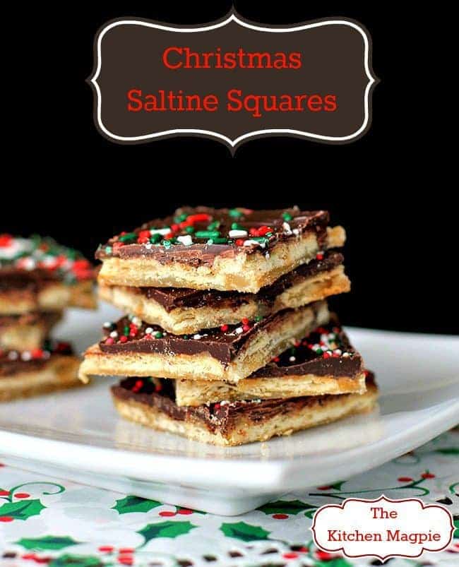 Stack of Saltine Toffee Squares Topped with Rainbow Sprinkles in a White Plate
