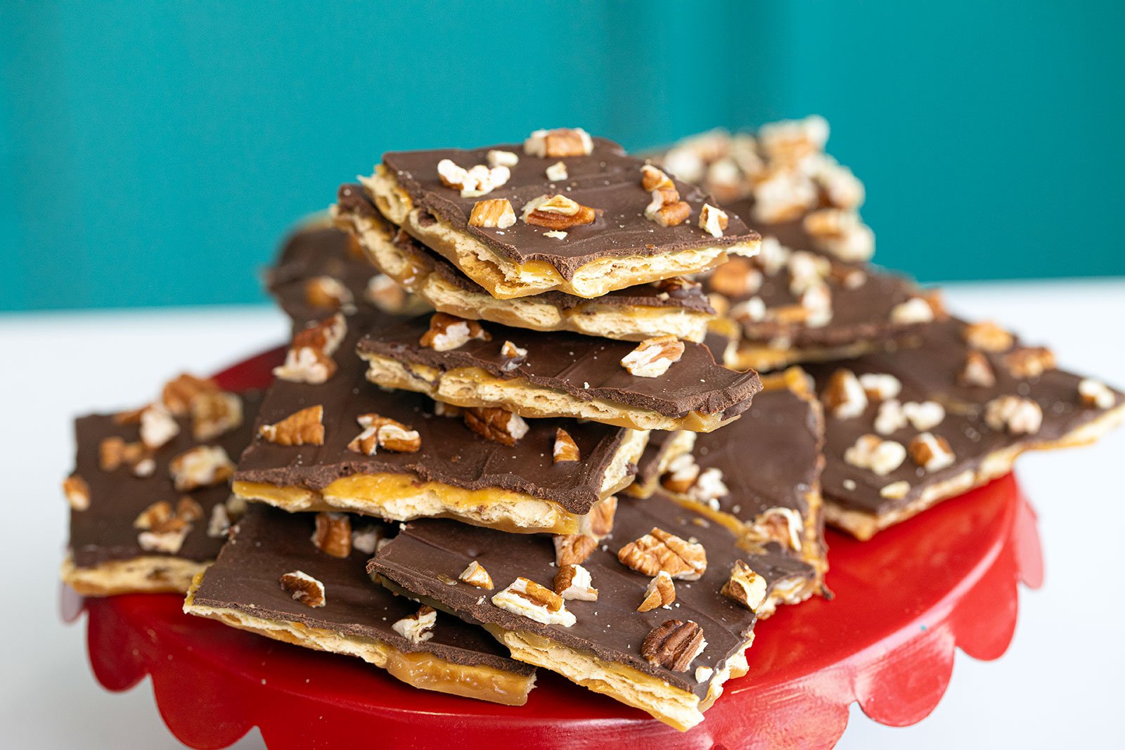 Saltine toffee squares topped with chocolate.