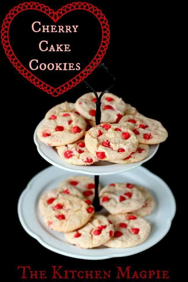 two layer white cup cake stand with Cherry Cake Mix Cookies