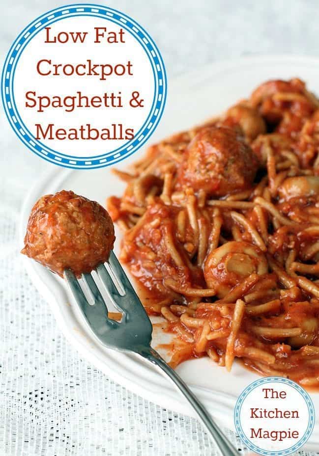 crockpot spaghetti and meatballs in a white plate