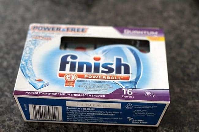 a box of Finish Powerball Dishwashing Tablets