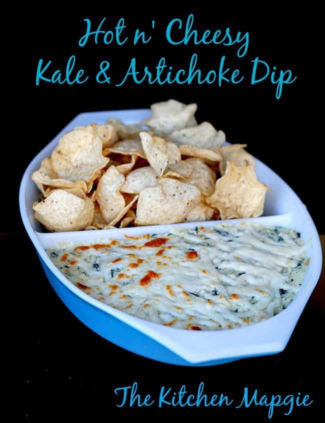close up of Chips with Cheesy Kale & Artichoke Dip in a Pyrex Bowl
