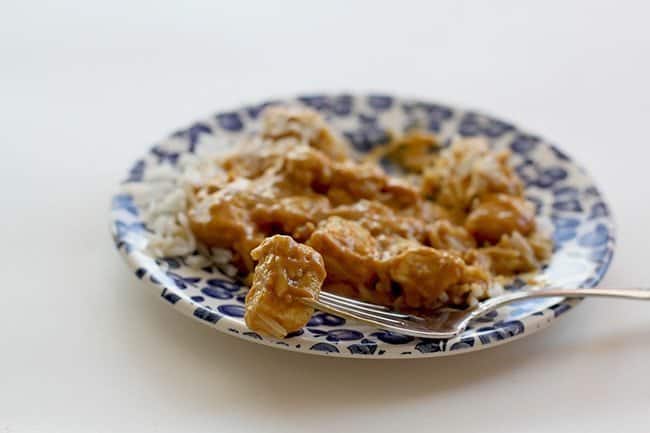 a piece of Patak's Mango Chicken in a fork on a blue printed plate