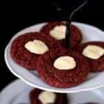 Red Velvet Cheesecake Cookies in white cake holder