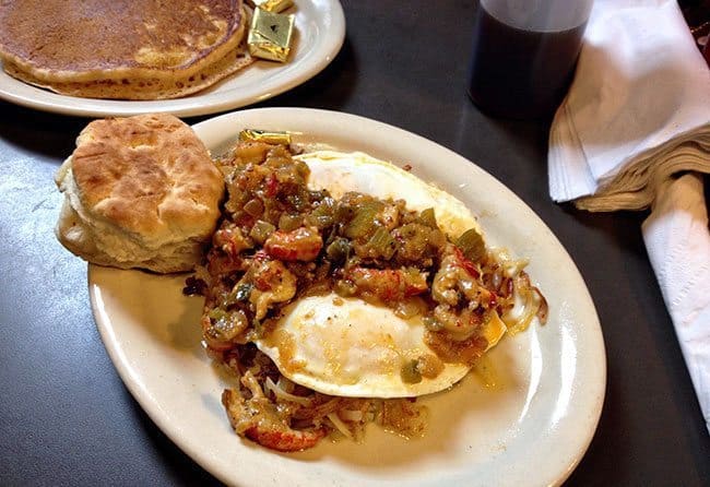 Creole Slammer at Slim Goodies Diner with sweet potato pancake on side