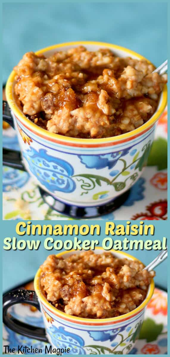 Cinnamon raisin steel cut oats are done the slow cooker overnight while you sleep! Nothing like slow cooker oatmeal for a delicious hot breakfast! #slowcooker #oatmeal #crockpot