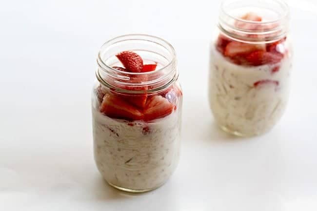 Two Jars of Strawberry Pina Colada Refrigerator Oatmeal Parfait