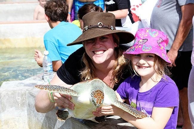 mother with her little girl holding a turtle