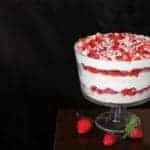 White Chocolate Strawberry Trifle Topped with Fresh Strawberries and Grated White Chocolates