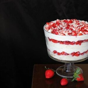 White Chocolate Strawberry Trifle Topped with Fresh Strawberries and Grated White Chocolates