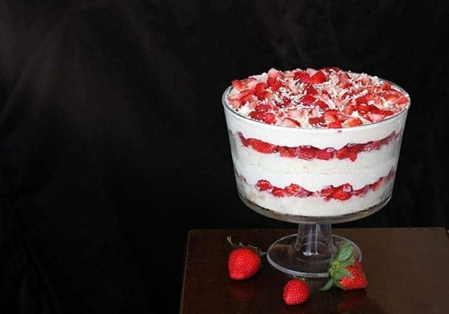 White Chocolate Strawberry Trifle Topped with Fresh Strawberries and Grated White Chocolates