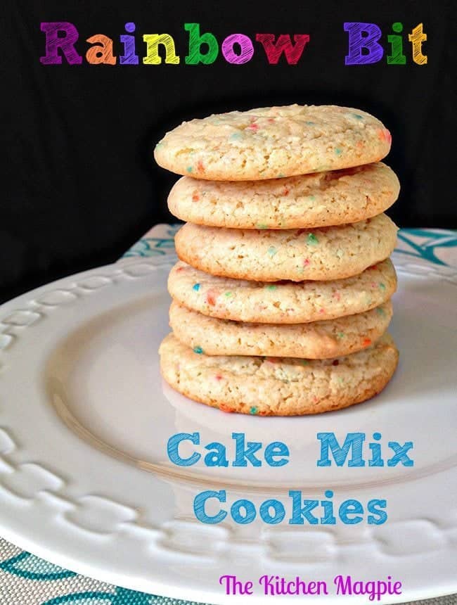 Rainbow Bit Cake Mix Cookies in a White Plate