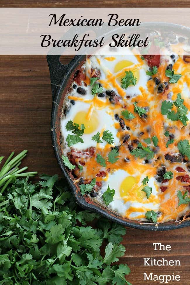A healthy protein packed skillet breakfast full of beans, stewed tomatoes and eggs on top! #breakfast #beans #skillet #eggs