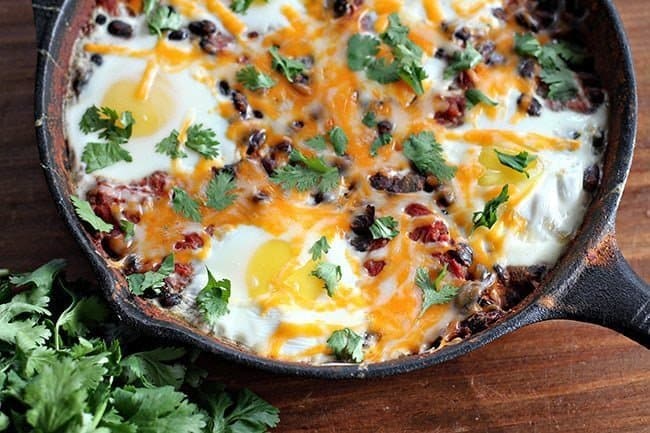 eggs added to Mexican Bean Breakfast Skillet