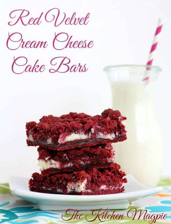 Delicious red velvet cake bars with a creamy, gooey, cream cheese filling! #redvelvet #cake #bars #creamcheese #frosting 