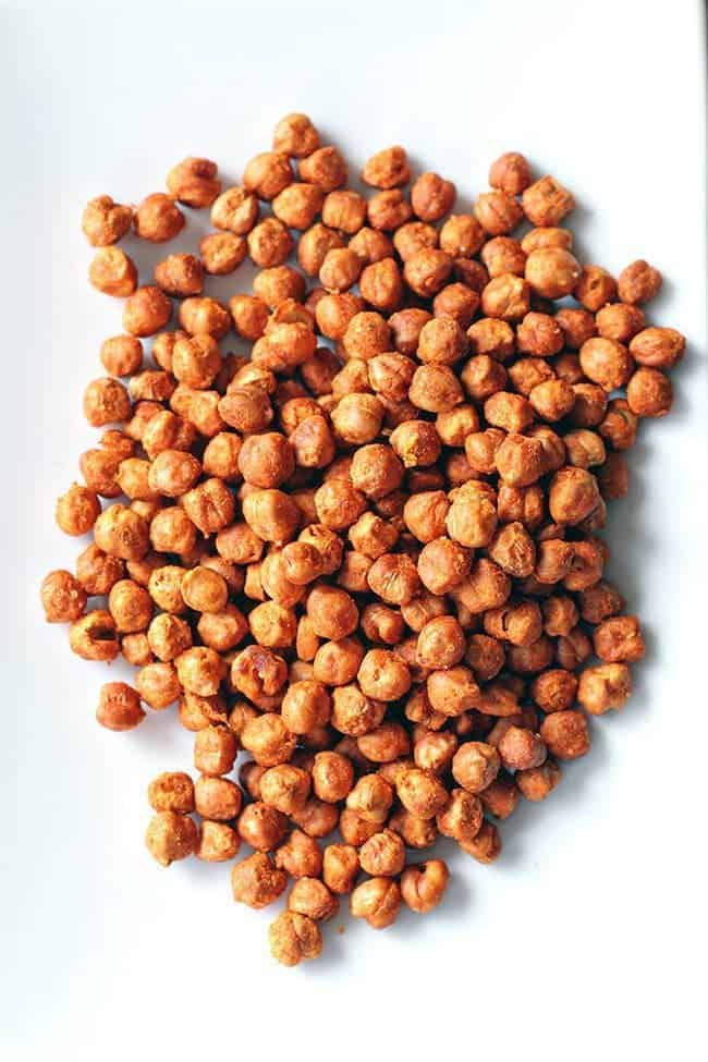 Top down shot of Buffalo Hot Sauce Roasted Chickpeas