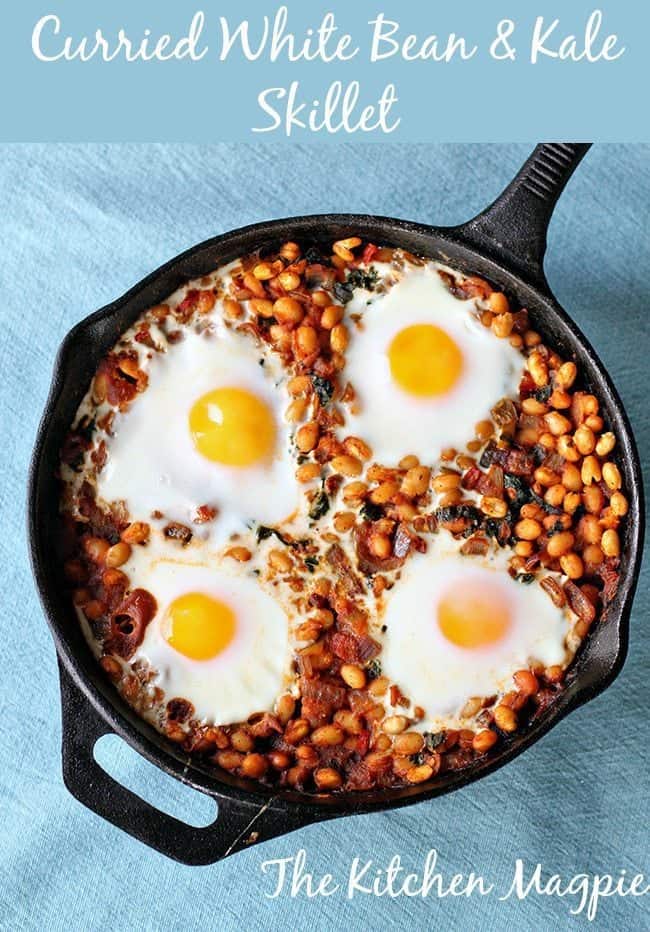 Top down shot of Curried White Bean & Kale Skillet