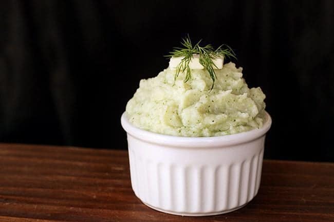 Butter & Dill Mashed Cauliflower in a white ramekins