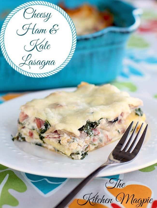 This Cheesy Ham and Kale Lasagna is the perfect way to use up leftover ham after your holiday meal! The combination of ham and kale is amazing! #kale #lasagna #ham #pasta