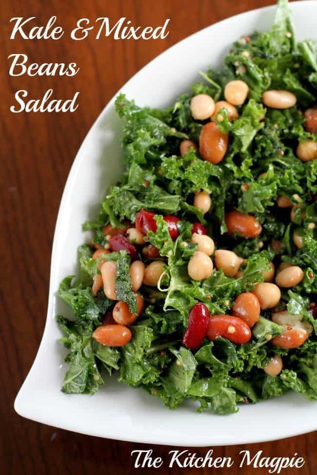 Delicious, healthy and easy mixed bean and kale salad. Even the homemade dressing is super fast as well! #healthy #beans #kale #salad