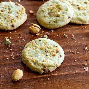 Close up of Pistachio Pudding Cookies on Wood Background