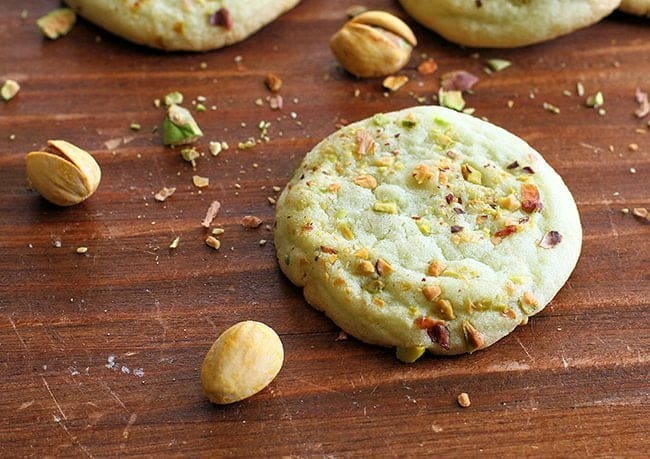 Close up of Pistachio Pudding Cookies on Wood Background