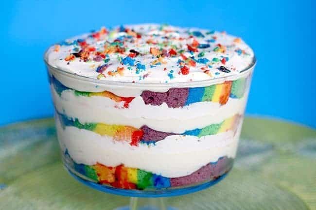 Rainbow Cake Trifle in a transparent cup