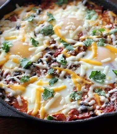 Tex-Mex Steak & Eggs Skillet Topped with Cilantro