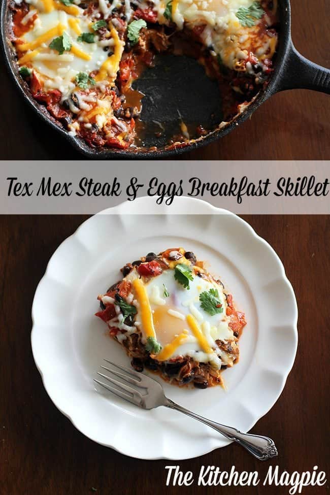 Steak & Eggs in Skillet and in white plate with fork beside it