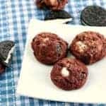 Oreo Chocolate Pudding Cookies in White plate on Blue Tablecloth