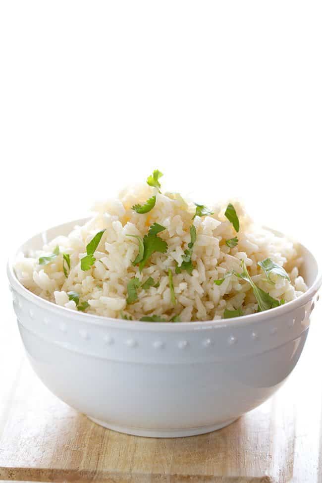 Close up of Cilantro Lime Rice in a White Bowl