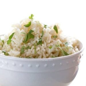 Close up of Cilantro Lime Rice in a White Bowl