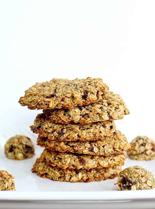 close up white square plate with a stack of Breakfast Cookies