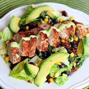 Copycat Earl's Santa Fe Salad - sliced chicken with tex mex spice and creamy avocado dressing