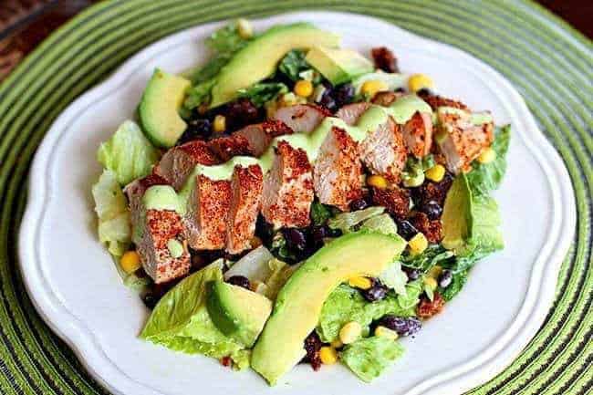 Copycat Earl's Santa Fe Salad - sliced chicken with tex mex spice and creamy avocado dressing