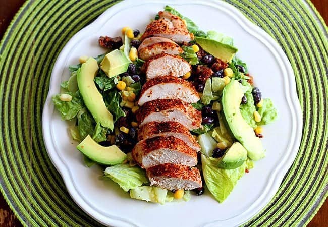 Copycat Earl's Santa Fe Salad - sliced chicken with tex mex spice and creamy avocado dressing