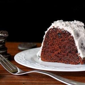 A slice of Double Chocolate Cake with Oreo Buttercream Icing