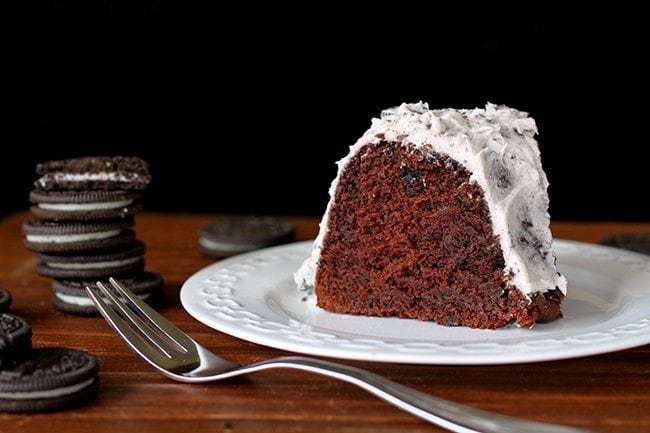 A slice of Double Chocolate Cake with Oreo Buttercream Icing