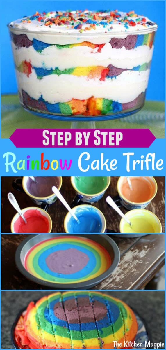 This gorgeous rainbow trifle is easy to make and incredibly delicious. See the step by step photo instructions in the post on how to make the cake. #rainbow #cake #trifle