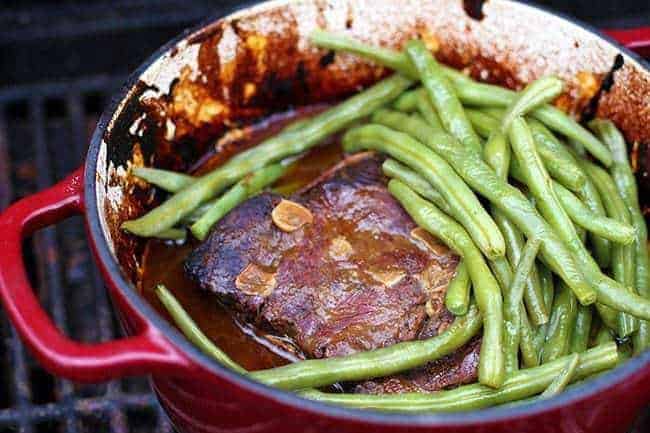 Camping Wasabi Plum Roast Beef & Green Beans in a red Pot